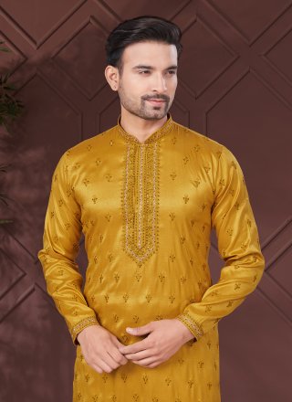 Men Mustard Pure Silk Kurta Pyjama with Embroidered and Sequins Work