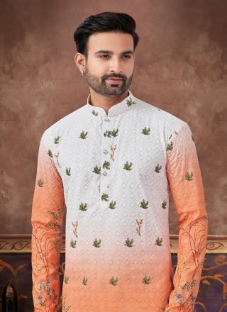 Men Off White and Orange Rayon Kurta Pyjama with Digital Print Work