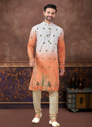 Men Off White and Orange Rayon Kurta Pyjama with Digital Print Work
