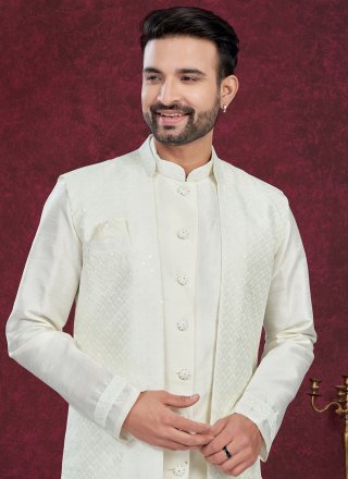 Men Off White Art Silk Embroidered Work Indo Western Sherwani