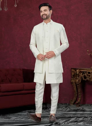 Men Off White Art Silk Embroidered Work Indo Western Sherwani