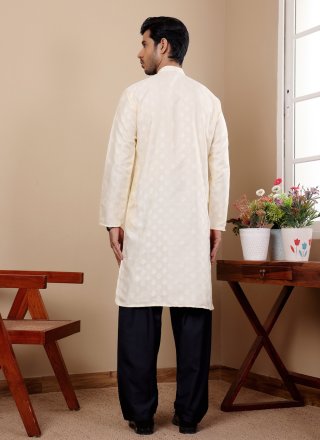 Men Off White Viscose Kurta Mens Wear with Jacquard and Woven Work