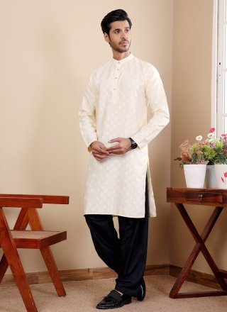 Men Off White Viscose Kurta Mens Wear with Jacquard and Woven Work