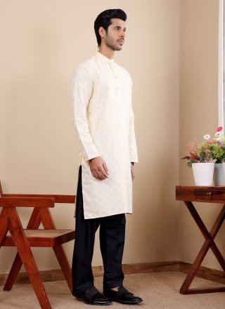 Men Off White Viscose Kurta Mens Wear with Jacquard and Woven Work