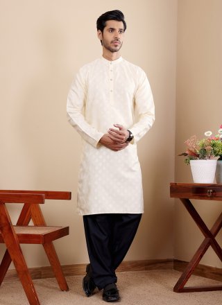 Men Off White Viscose Kurta Mens Wear with Jacquard and Woven Work