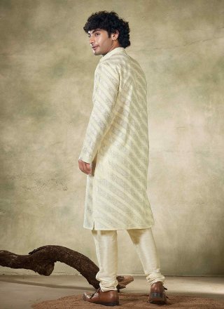 Men Off White Viscose Kurta Pyjama with Embroidered and Sequins Work