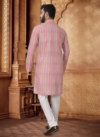 Men Peach and Pink Cotton Kurta Pyjama with Embroidered, Sequins and Thread Work