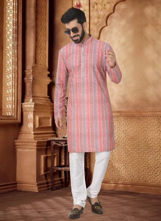 Men Peach and Pink Cotton Kurta Pyjama with Embroidered, Sequins and Thread Work