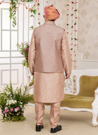 Men Peach Art Banarasi Silk Machine Embroidery Work Kurta Payjama with Jacket