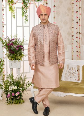 Men Peach Art Banarasi Silk Machine Embroidery Work Kurta Payjama with Jacket