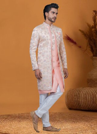 Men Peach Jacquard Silk Jacquard Work Indo Western