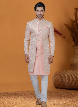 Men Peach Jacquard Silk Jacquard Work Indo Western