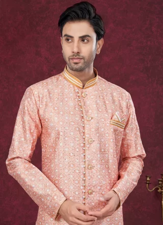 Men Peach Silk Buttons, Digital Print, Machine Embroidery, Stone and Thread Work Indo Western Sherwani