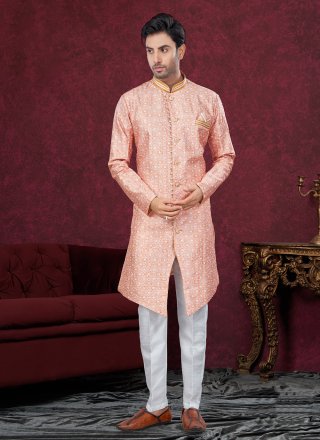 Men Peach Silk Buttons, Digital Print, Machine Embroidery, Stone and Thread Work Indo Western Sherwani
