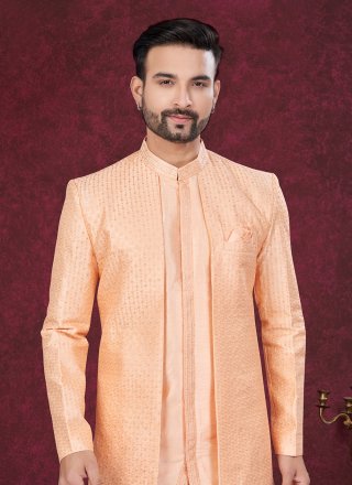 Men Peach Silk Buttons, Machine Embroidery and Thread Work Sherwani Mens Wear