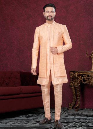 Men Peach Silk Buttons, Machine Embroidery and Thread Work Sherwani Mens Wear