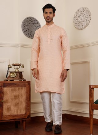 Men Peach Viscose Kurta Pyjama with Jacquard and Woven Work