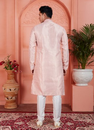 Men Pink Brocade Pintex Work Kurta Pyjama