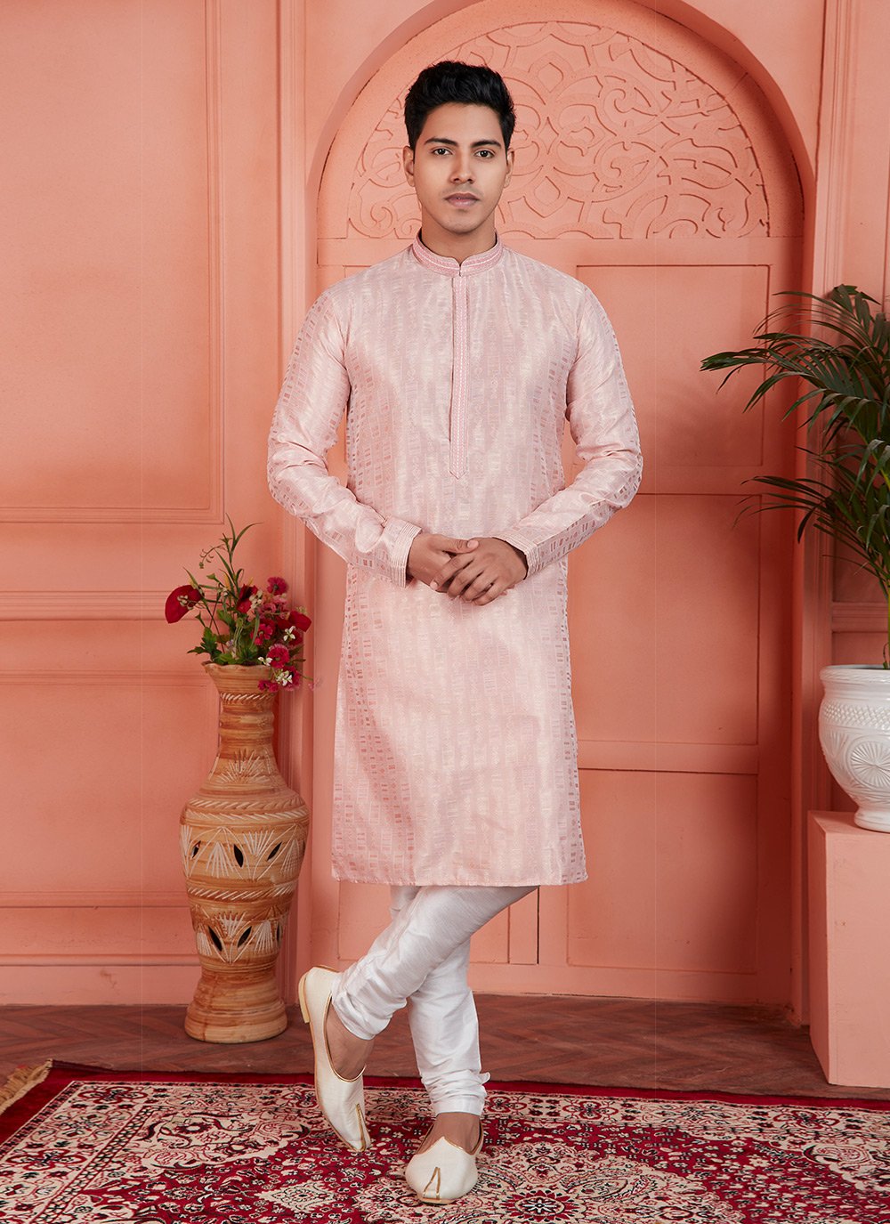 Buy Men Pink Brocade Pintex Work Kurta Pyjama Online