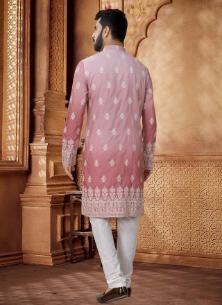 Men Pink Cotton Embroidered and Thread Work Kurta Pyjama