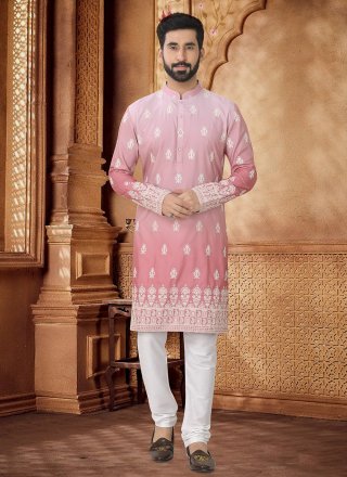 Men Pink Cotton Embroidered and Thread Work Kurta Pyjama
