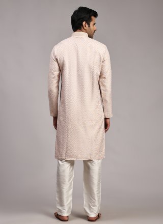 Men Pink Jacquard Kurta Pyjama with Woven Work