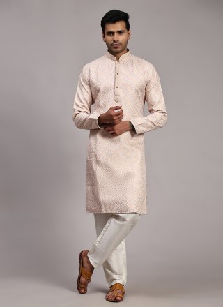 Men Pink Jacquard Kurta Pyjama with Woven Work