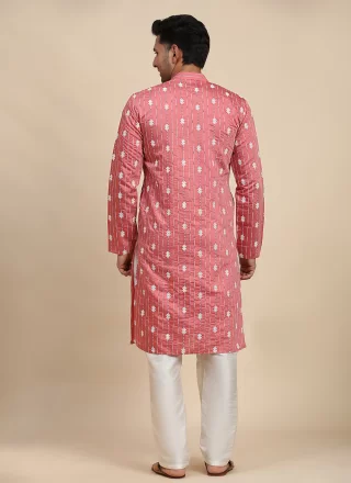 Men Pink Rayon Embroidered Work Kurta Pyjama