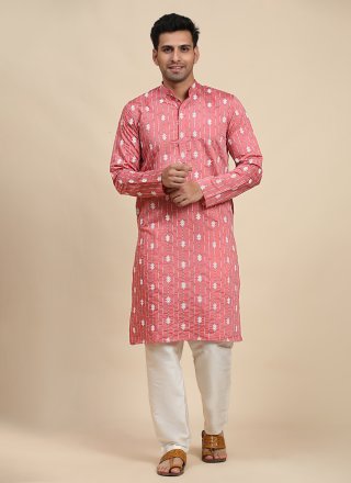 Men Pink Rayon Embroidered Work Kurta Pyjama