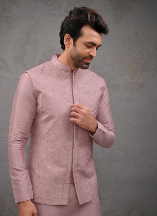 Men Pink Silk Embroidered Work Kurta Payjama with Jacket