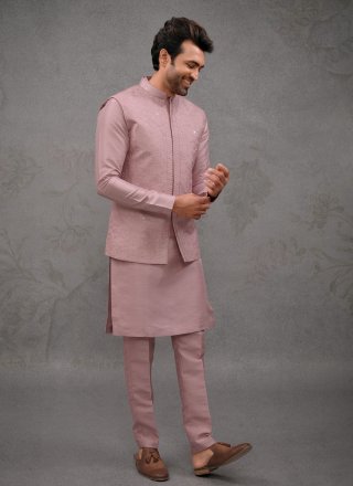 Men Pink Silk Embroidered Work Kurta Payjama with Jacket