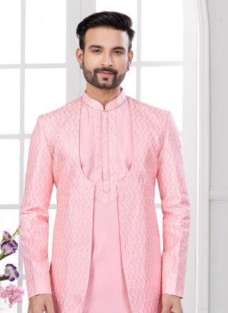 Men Pink Silk Machine Embroidery, Stone and Thread Work Sherwani Mens Wear