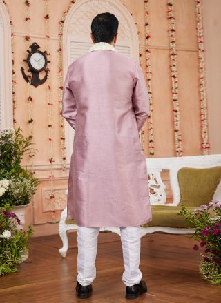 Men Purple Art Banarasi Silk Patch Border Work Kurta Pyjama