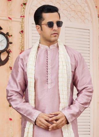 Men Purple Art Banarasi Silk Patch Border Work Kurta Pyjama