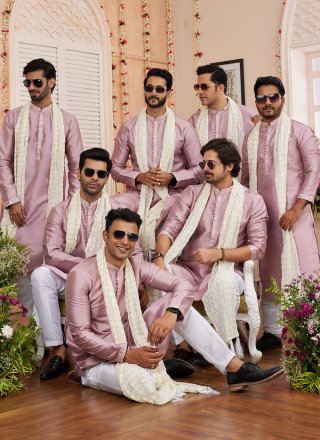Men Purple Art Banarasi Silk Patch Border Work Kurta Pyjama