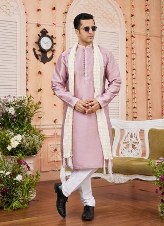 Men Purple Art Banarasi Silk Patch Border Work Kurta Pyjama