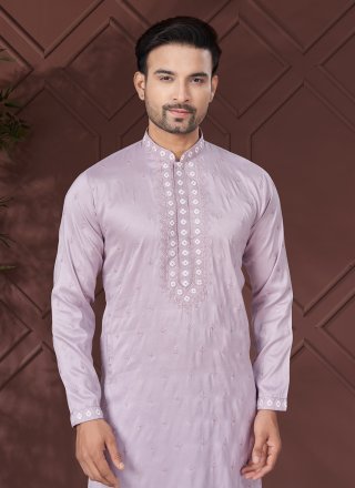 Men Purple Pure Silk Kurta Pyjama with Embroidered and Sequins Work