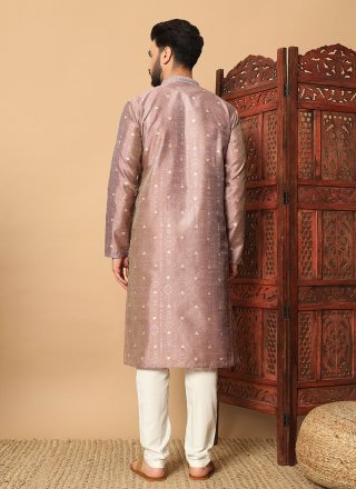 Men Purple Pure Silk Kurta Pyjama with Embroidered Work