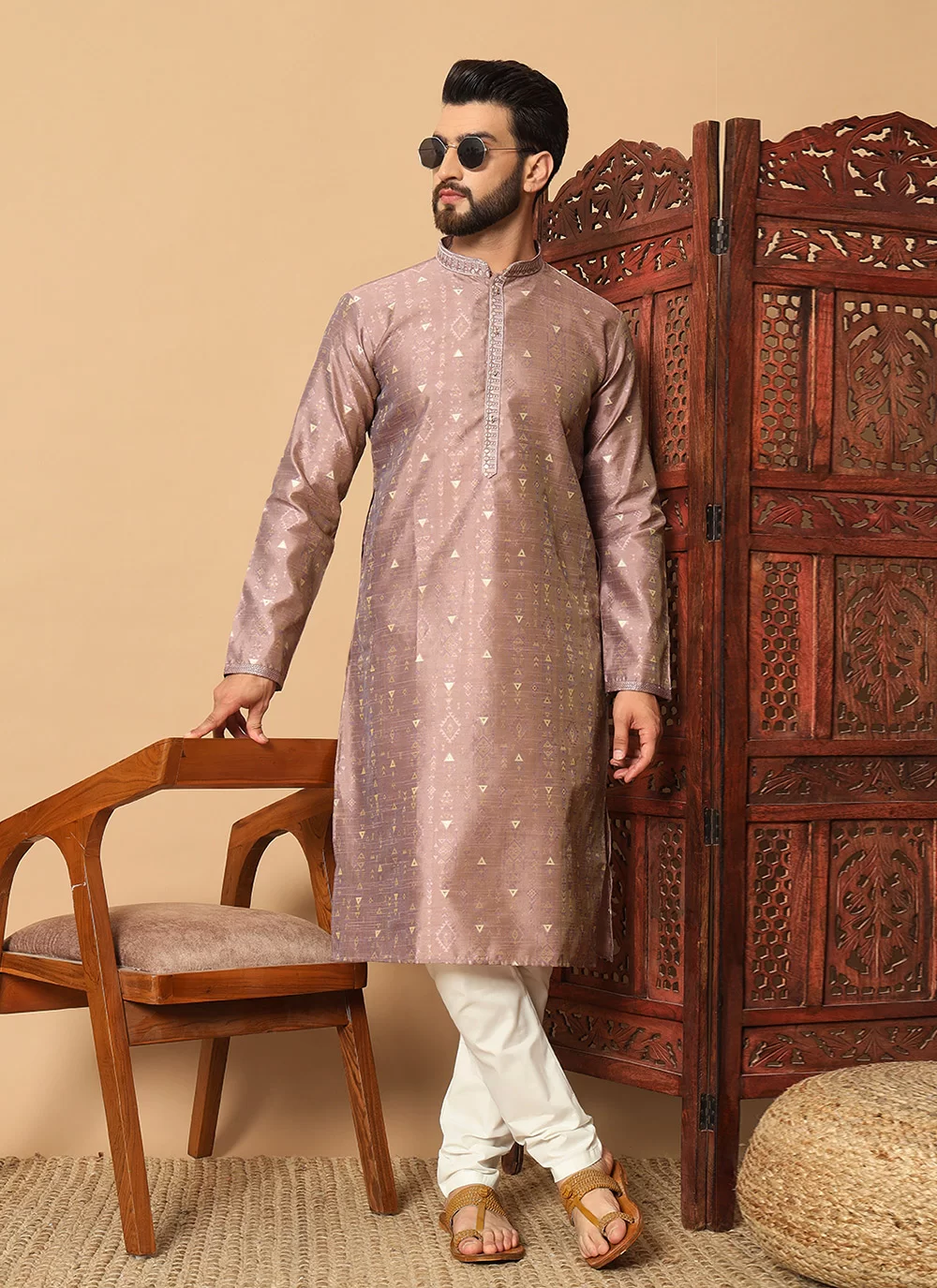 Buy Online Men Purple Pure Silk Kurta Pyjama with Embroidered Work