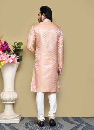 Men Rust Art Silk Embroidered and Resham Work Kurta Pyjama