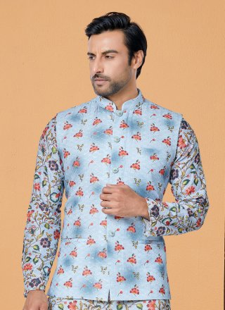 Men's Aqua Blue Polyester Nehru Jackets with Print Work