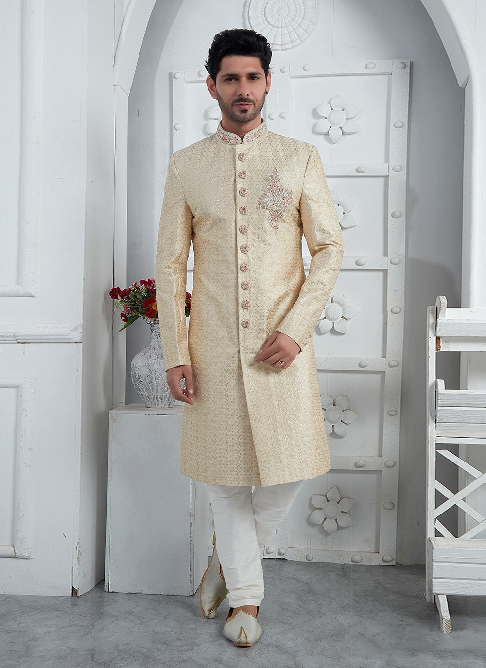 Buy Men's Beige Georgette Embroidered Work Sherwani Mens Wear Online - Main Image