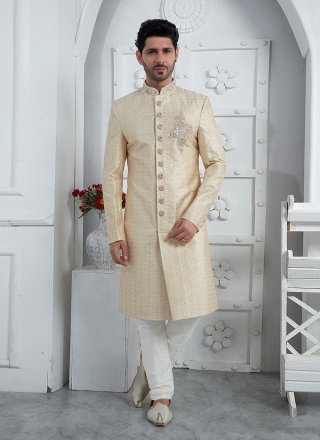 Men's Beige Georgette Embroidered Work Sherwani Mens Wear