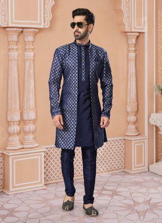 Men's Blue Banarasi Jacquard Fancy and Thread Work Indo Western Sherwani