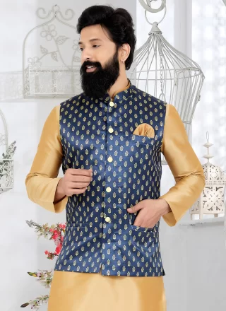 Men's Blue Banarasi Silk Print Work Nehru Jackets