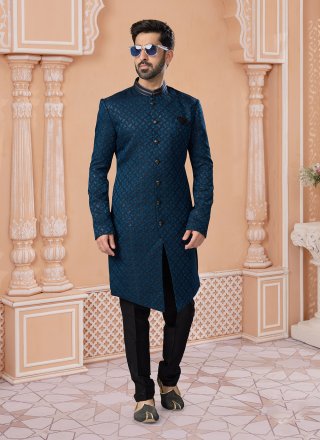 Men's Blue Jacquard Fancy, Thread and Zari Work Indo Western Sherwani