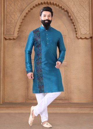 Men's Blue Silk Kurta Pyjama with Fancy Work