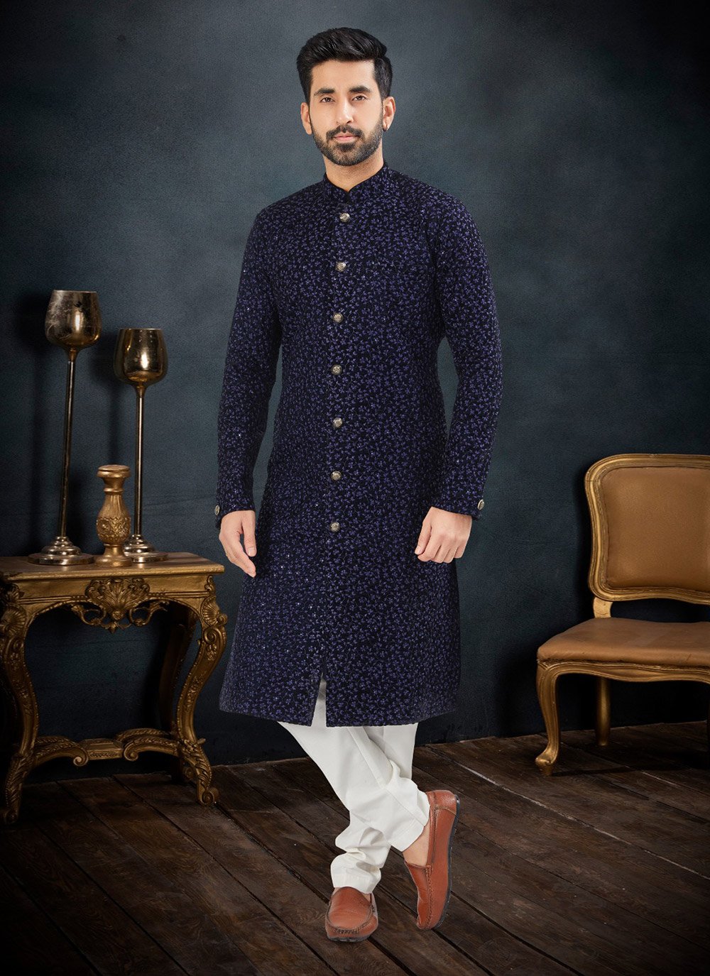 Buy Men's Blue Velvet Embroidered and Thread Work Kurta Pyjama