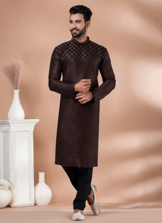 Men's Brown Banarasi Silk Kurta Pyjama with Fancy Work