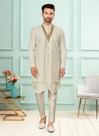Men's Cream Fancy Fabric Indo Western with Embroidered, Lucknowi Work and Sequins Work